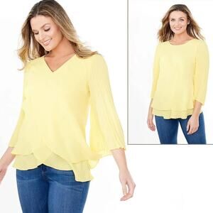Laurie Felt Pleated Bell Sleeve Blouse Sz S Yellow Flowy Reversible Top Y2K Glam